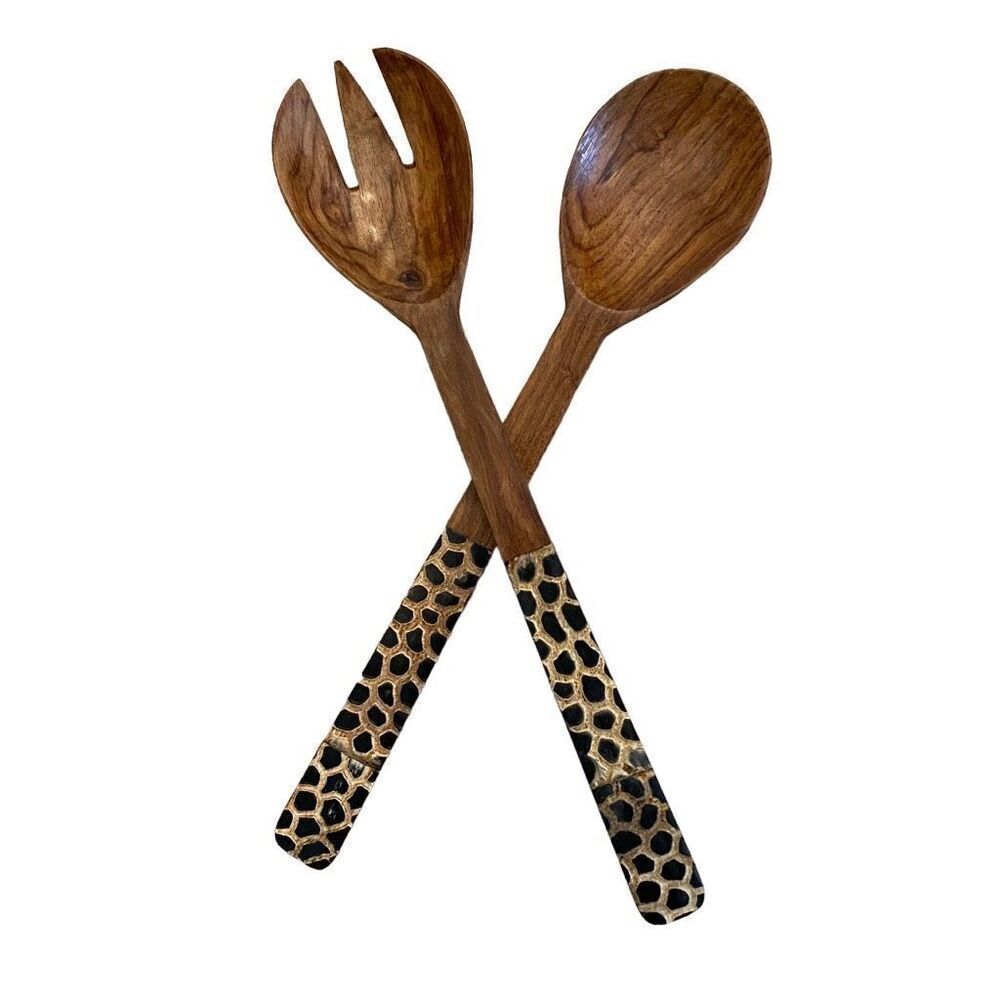 Decorative Wood Salad Tongs carved Giraffe Safari Handles New